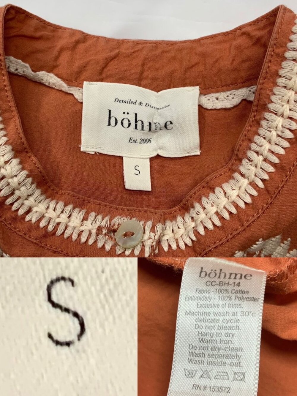 Bohme Siya Embroidered Dress S Orange Short Sleeve Midi Cottagecore - Picture 9 of 16